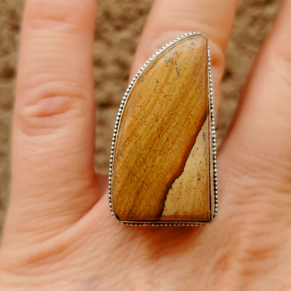New Picture Jasper 925 Silver Statement Ring.